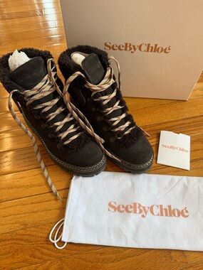 See by Chloé  Eileen Dark Brown Shearling Trim Hiking Boots